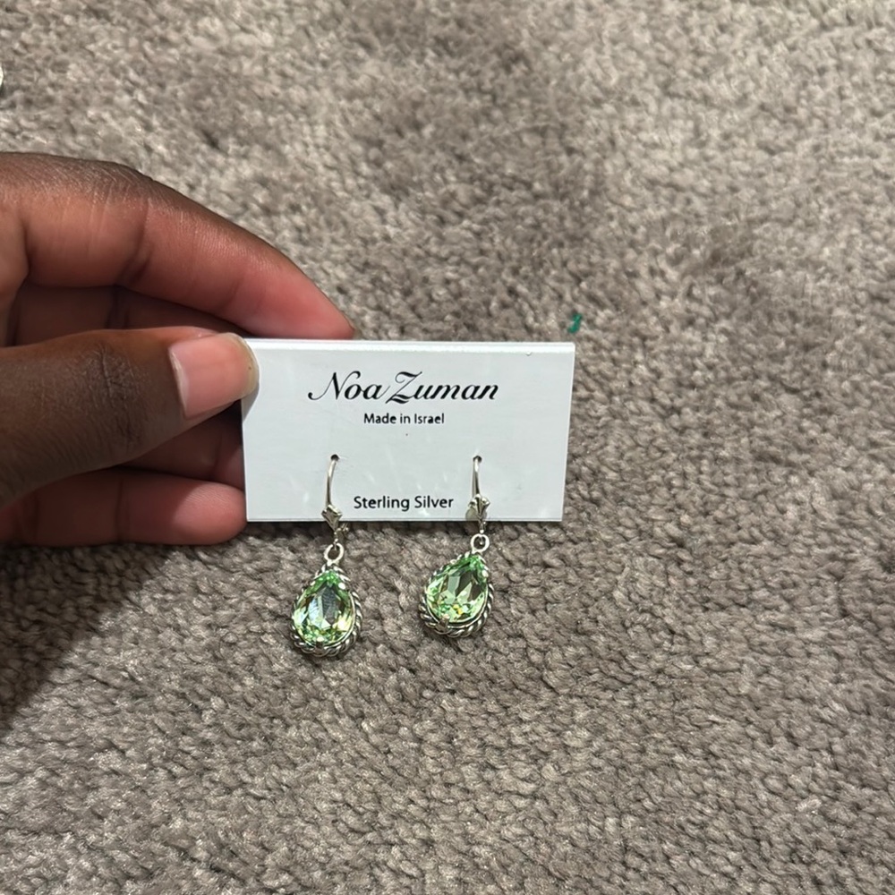 Noa Zuman Sterling Silver Green Teardrop Crystal Dangle Earrings Made in Israel